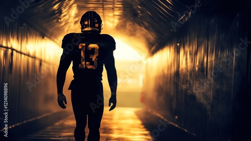 American Football player walking into the arena tunnel in the dark, lit by golden light