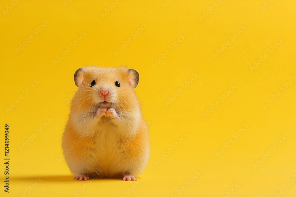 Cute hamster with yellow fur on bright yellow background, looking curious and playful Cute hamster with yellow fur on bright yellow background, looking curious and playful