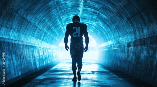 Silhouette of a football player walking through a tunnel towards a bright light