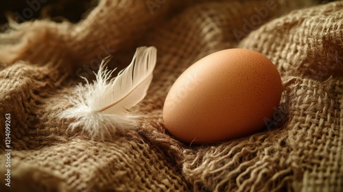 A close-up of a brown egg with a small white feather attached, resting on a burlap cloth for a rustic feel