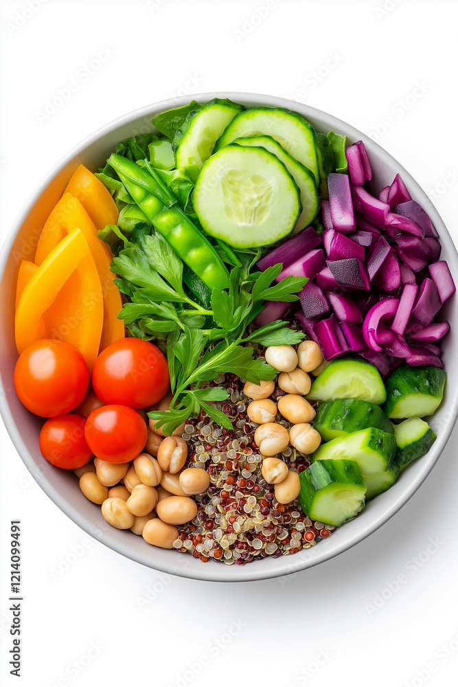 A floating bowl of quinoa salad with colorful veggies, isolated on white background. A floating bowl of quinoa salad with colorful veggies, isolated on white background.