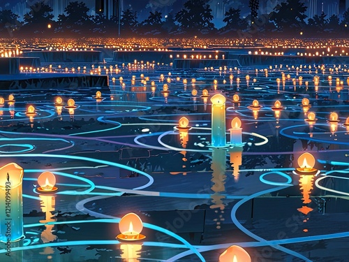 An enchanting forest scene with hundreds of glowing candles placed on tree stumps submerged in shallow water. The warm light reflects off the water's surface, creating a serene and mystical atmosphere