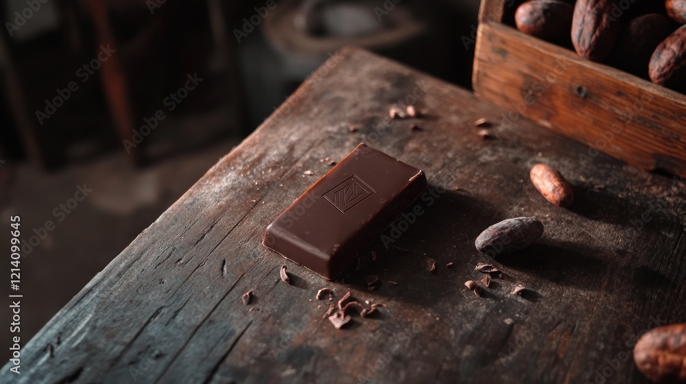 A still life with a chocolate bar, cocoa beans, and cocoa fragments on a wooden table A still life with a chocolate bar, cocoa beans, and cocoa fragments on a wooden table