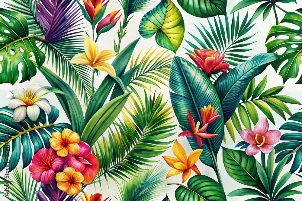 Naklejka premium Modern Palm Leaf & Flower Tropical Print - Botanical Design
