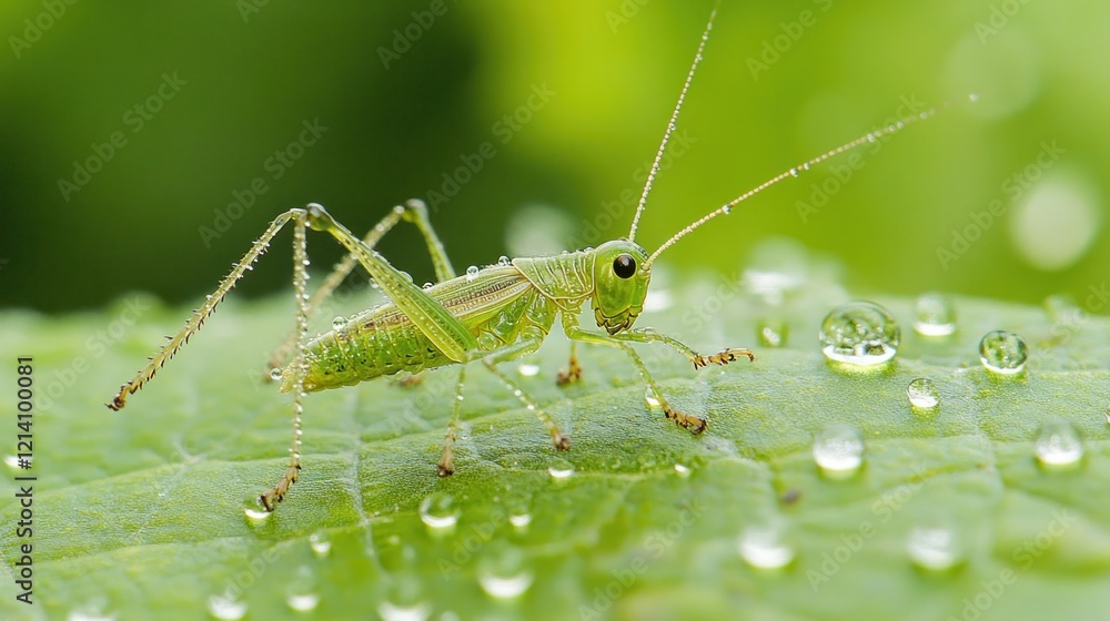 Fototapeta premium A Tiny Green Grasshopper on a Dew-Kissed Leaf