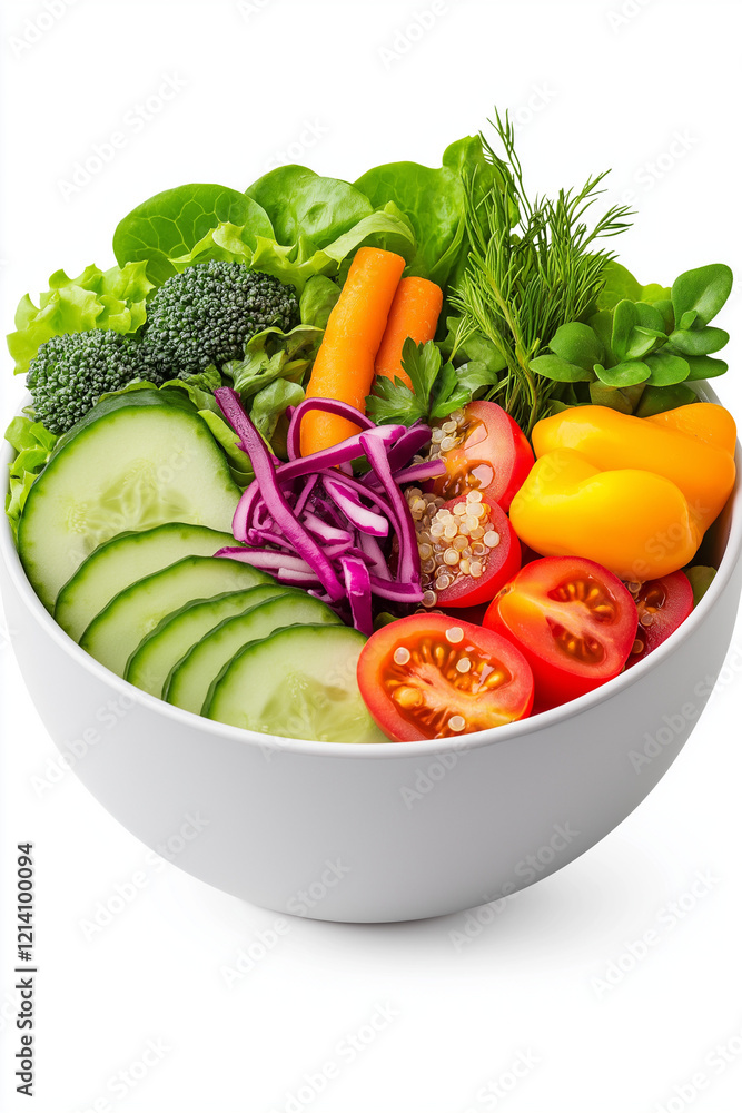 A floating bowl of quinoa salad with colorful veggies, isolated on white background. A floating bowl of quinoa salad with colorful veggies, isolated on white background.