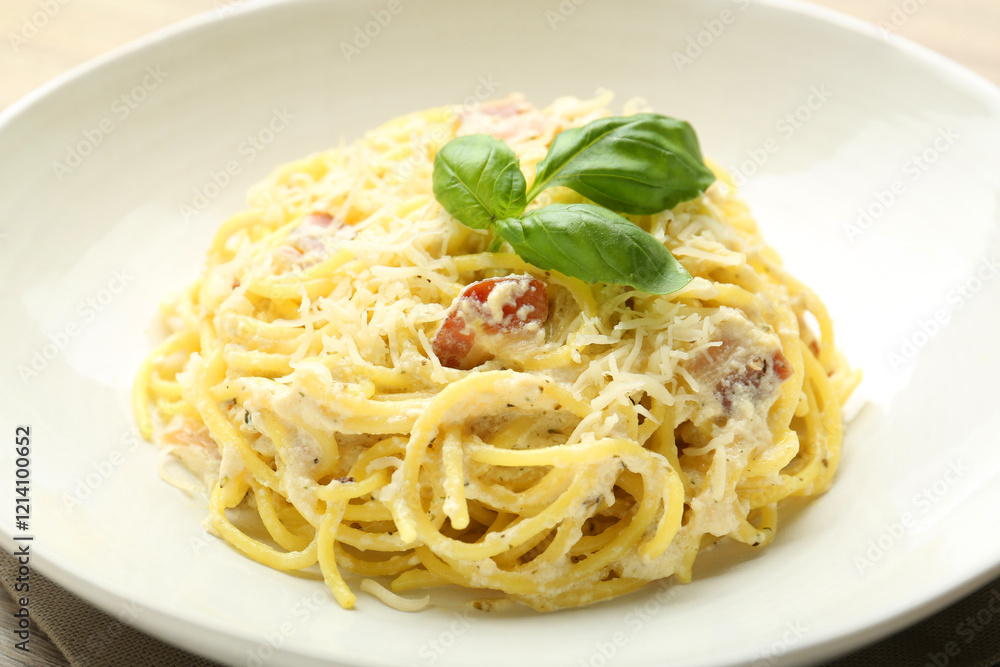 Delicious pasta Carbonara with basil in bowl, closeup Delicious pasta Carbonara with basil in bowl, closeup