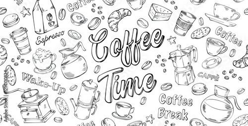 Doodle coffee shop background. Outline hand drawn set icon. vector illustration