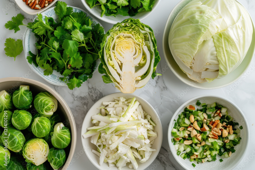 A flat-lay composition of fresh vegetables and herbs, including Brussels sprouts, cabbage, cilantro, nuts, and chopped greens, arranged in bowls on a marble countertop for a healthy salad.
A flat-lay composition of fresh vegetables and herbs, including Brussels sprouts, cabbage, cilantro, nuts, and chopped greens, arranged in bowls on a marble countertop for a healthy salad.