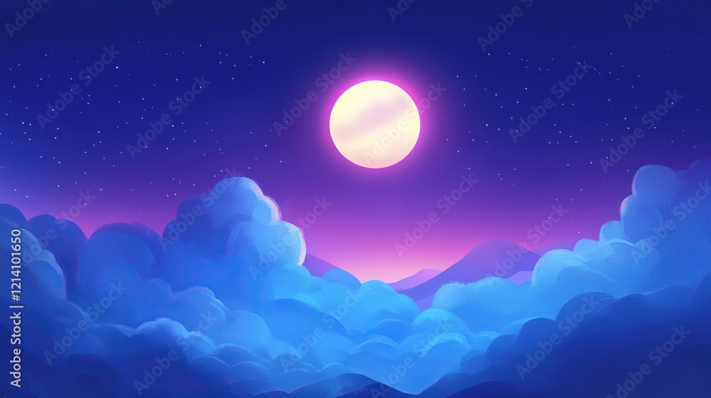 Night sky with full moon above fluffy clouds and mountains. Night sky with full moon above fluffy clouds and mountains.