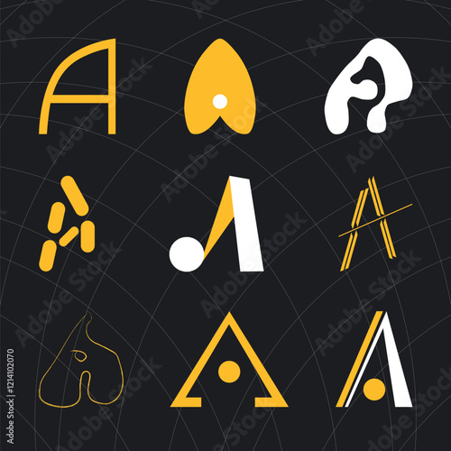 A simple and clean representation of the letter A, featuring nine instances of the character.