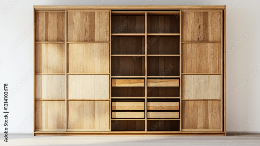 Stylish wooden wardrobe with multiple shelves and sliding doors, white backdrop Stylish wooden wardrobe with multiple shelves and sliding doors, white backdrop