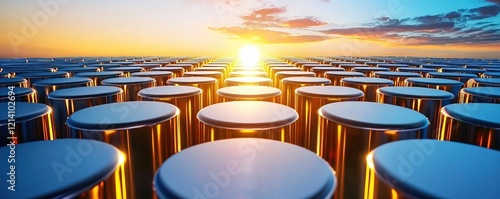 Cylindrical shapes receding to a bright sunset with a sky of orange and blue hues photo