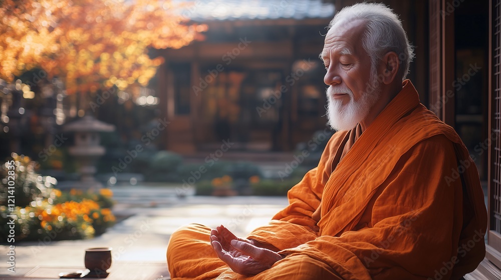 Fototapeta premium Elderly Monk Meditating in Serene Garden