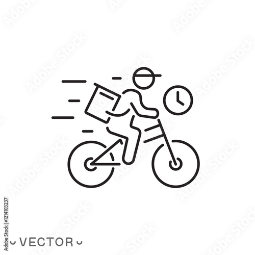 delivery service icon, courier on bike with clock concept, food or goods fast shipping, courier on bicycle icon, express delivery in home, thin line symbol, editable stroke eps 10 vector illustration