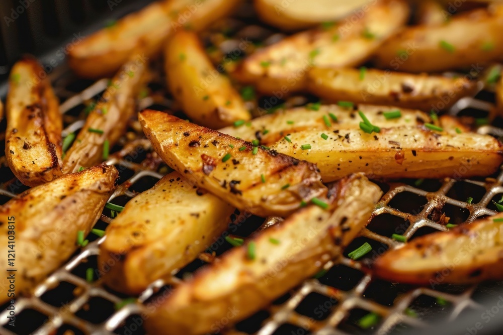 Delicious potato wedges seasoned with herbs and spices resting inside air fryer basket Delicious potato wedges seasoned with herbs and spices resting inside air fryer basket