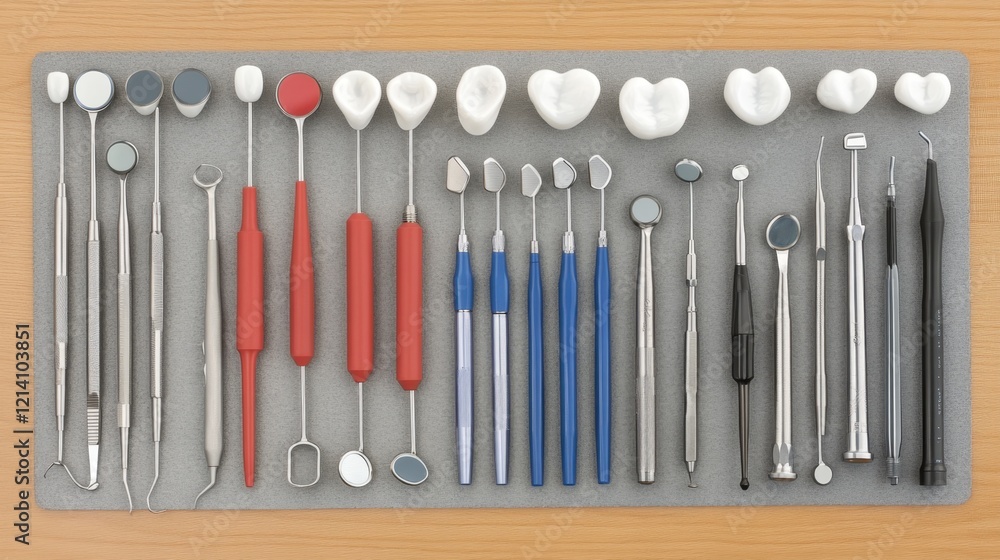 A complete set of professional dental instruments arranged on a soft grey mat A complete set of professional dental instruments arranged on a soft grey mat