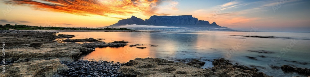 Fototapeta premium Scenic mountain view at sunset with orange sky and calm ocean water reflecting the light