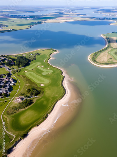 Aerial view of Hayling Golf Club a links course on the western tip of Hayling Island and next to the beach sea entrance to Langston Harbour with the Kench nature reserve on the north side. photo