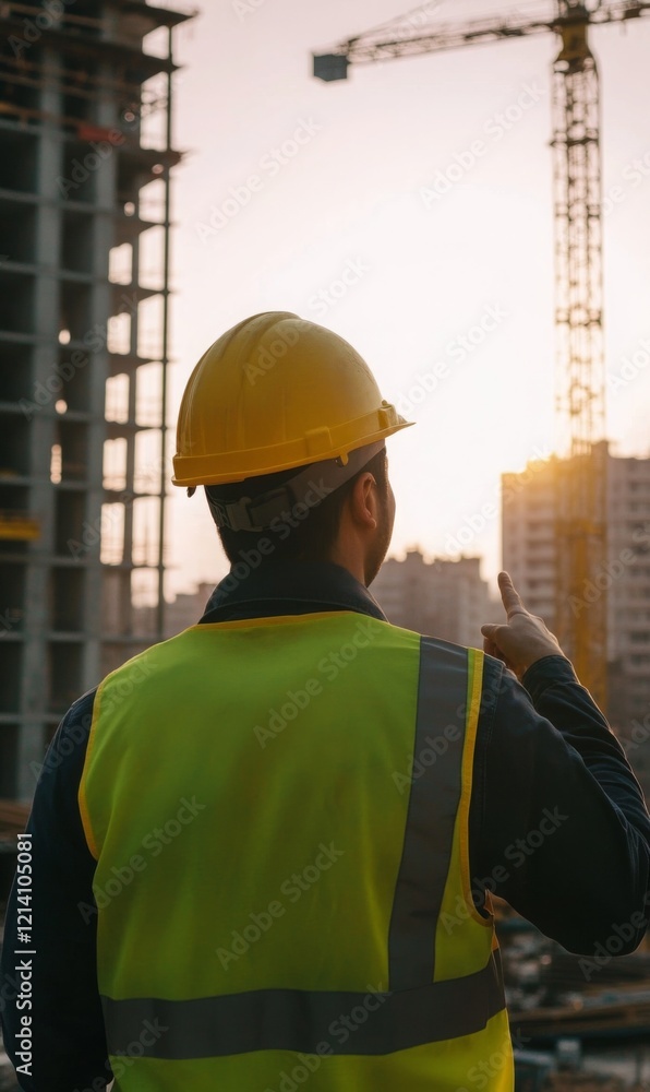 Construction worker observing a crane against an orange sky at a construction site at dusk Construction worker observing a crane against an orange sky at a construction site at dusk
