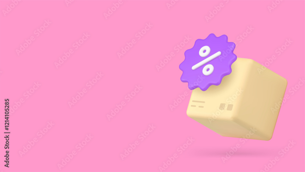 Obraz premium Postal parcel delivery sale discount percent badge cardboard box banner copy space vector illustration. Cargo transportation service special offer clearance price off online shopping shipment