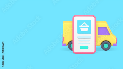 Online shopping order delivery digital store smartphone application banner copy space vector illustration. Shop mobile phone application supermarket marketplace purchase shipment truck retail commerce