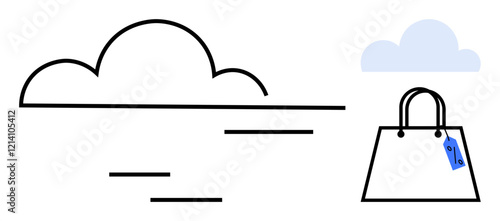 Cloud positioned above line elements and next to shopping bag with price tag in minimalist line art. Ideal for technology, e-commerce, online shopping, internet, digital transformation, cloud