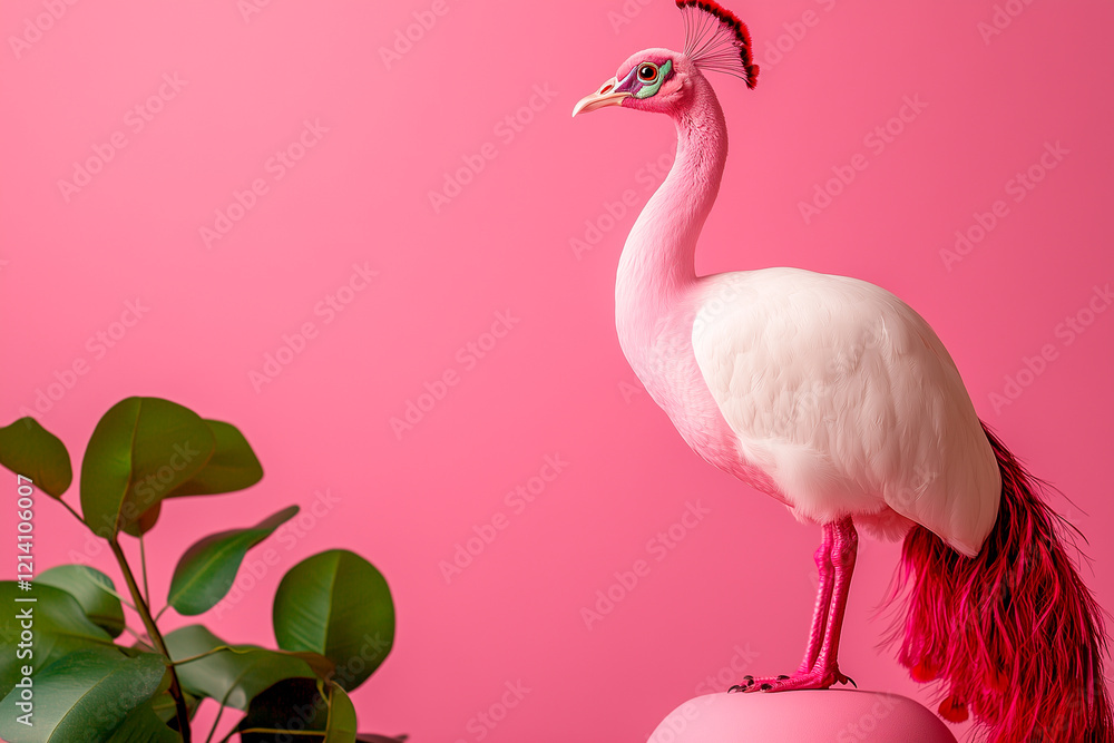 Obraz premium Pink Peacock on Pink Sphere with Green Foliage