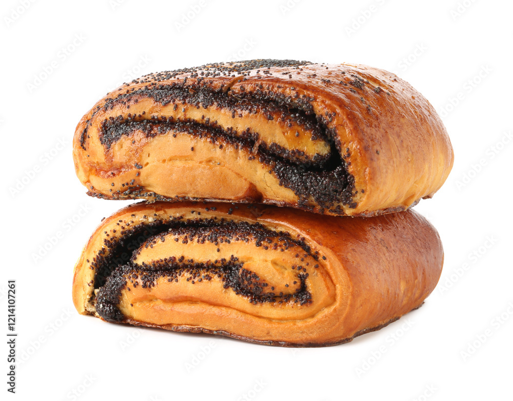 Tasty buns with poppy seeds isolated on white Tasty buns with poppy seeds isolated on white