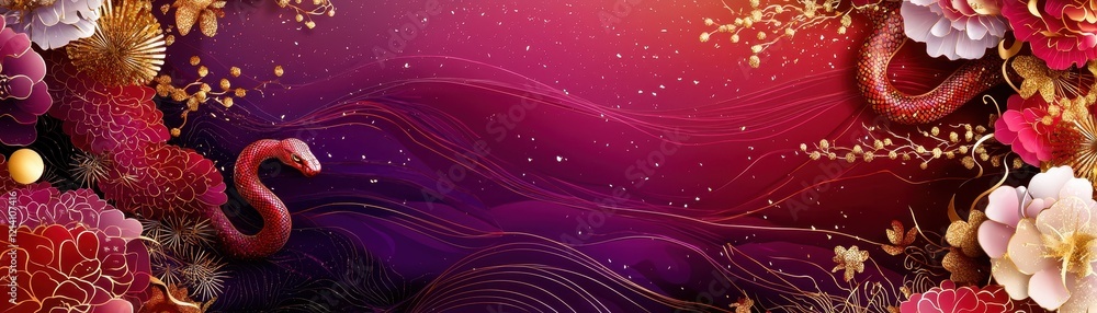 Obraz premium Vibrant Celebration Design Featuring Gradient Red and Purple Background with Floral Elements and Snake Motif