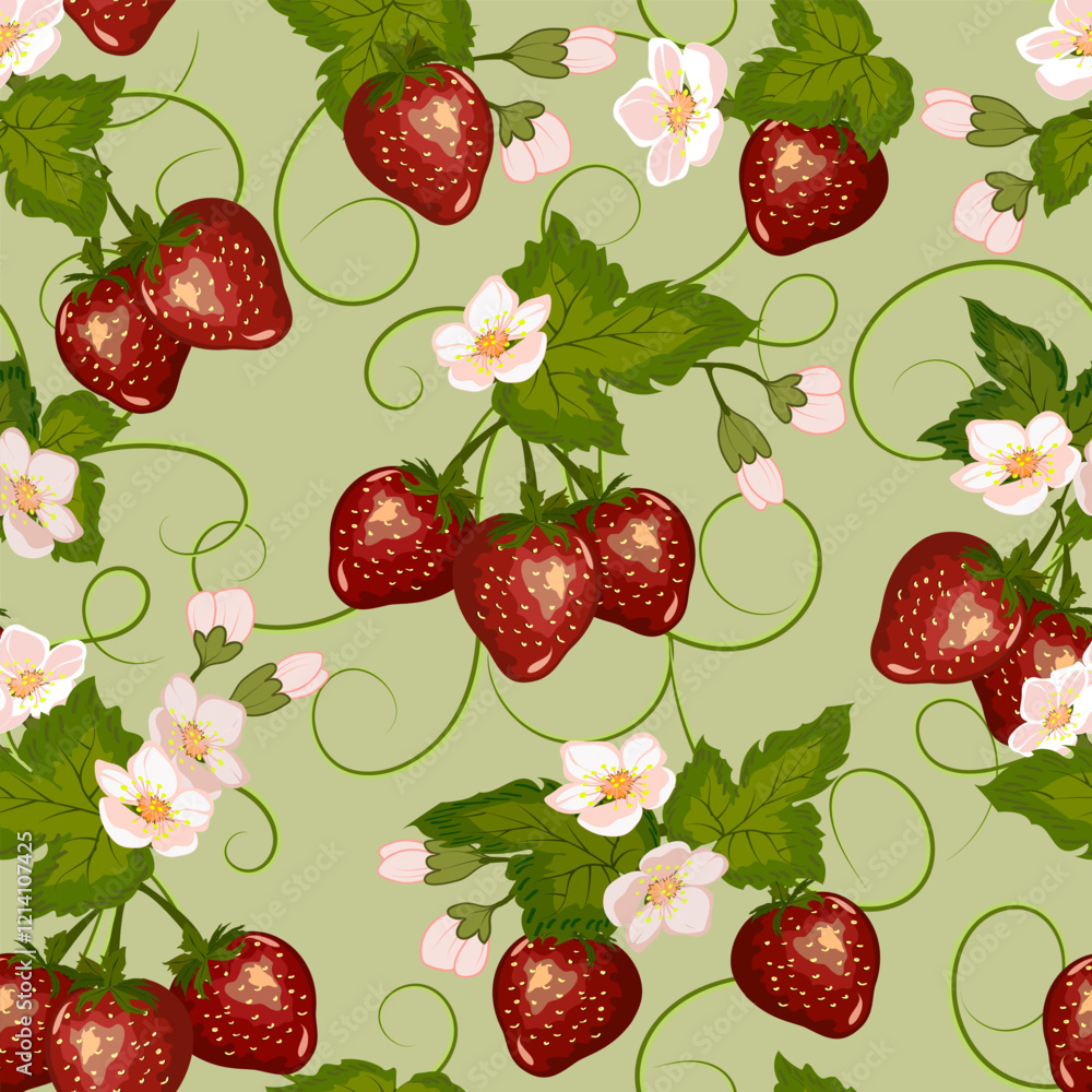 Pattern with strawberries and leaves.Ripe strawberries with leaves and flowers in a vector pattern on a colored background. Pattern with strawberries and leaves.Ripe strawberries with leaves and flowers in a vector pattern on a colored background.