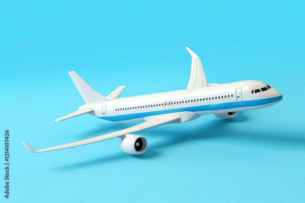 Passenger airplane is flying on light blue background, representing air travel, tourism, and transportation concepts Passenger airplane is flying on light blue background, representing air travel, tourism, and transportation concepts