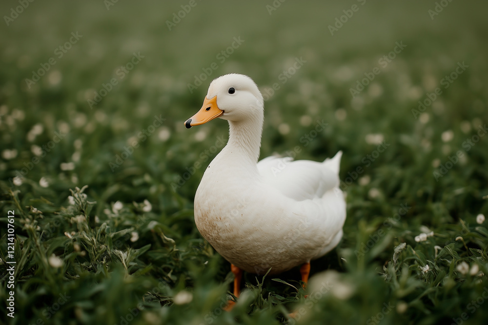 White Pekin Duck in Green Grass with White Flowers White Pekin Duck in Green Grass with White Flowers