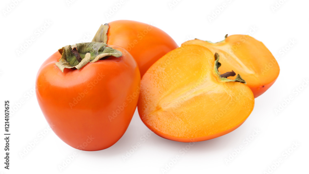 Whole and cut fresh persimmons isolated on white Whole and cut fresh persimmons isolated on white