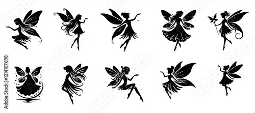 Fairy silhouettes. Funny fairies in different poses. Little creatures with wings. Mythical fairy tale characters in cute dresses. Beautiful fairies