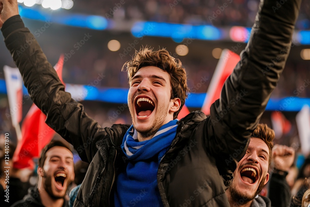 Fototapeta premium Joyful Celebration of Victory: Enthusiastic Crowd Cheering at an Exciting Sports Event With Flags in a Vibrant Stadium Atmosphere