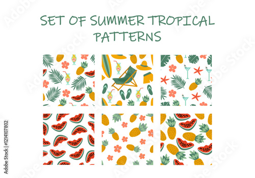 Set of seamless summer tropical patterns with flowers, leaves, pineapples, watermelons, cocktails - vector backgrounds for packaging, paper and fabric