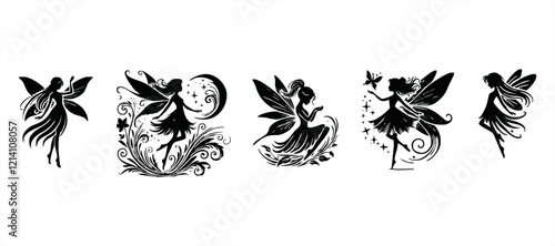 Fairy silhouettes. Funny fairies in different poses. Little creatures with wings. Mythical fairy tale characters in cute dresses. Beautiful fairies
