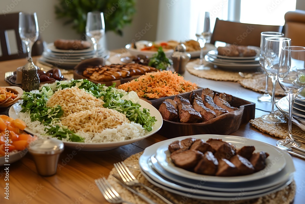 A Beautifully Set Eid Holiday Table with a Traditional Decor A Beautifully Set Eid Holiday Table with a Traditional Decor