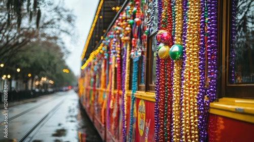 Mardi Gras celebration on a rainy day, colorful beads adorn a vintage streetcar