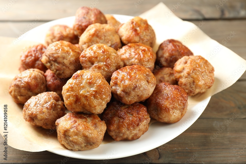 Many delicious meatballs on wooden table, closeup Many delicious meatballs on wooden table, closeup