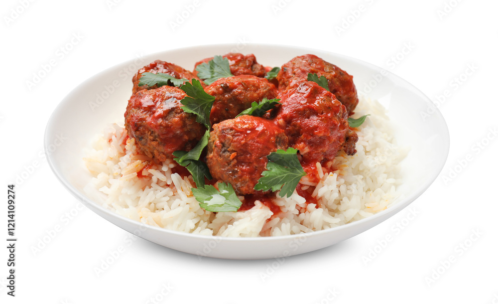 Delicious meatballs with rice, sauce and parsley isolated on white Delicious meatballs with rice, sauce and parsley isolated on white