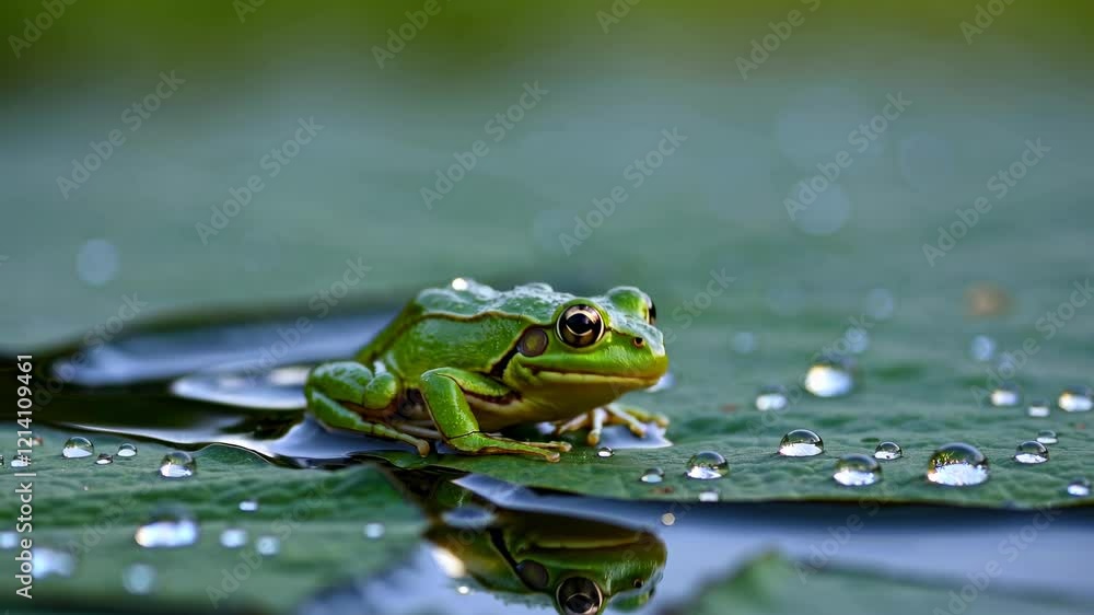 Green frog resting on lily pad with water droplets in serene natural habitat Green frog resting on lily pad with water droplets in serene natural habitat