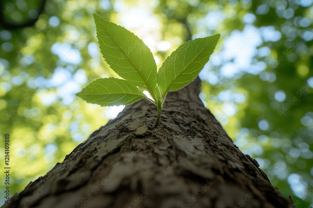 Obraz premium Leaf sprouting from tree trunk, sky backdrop