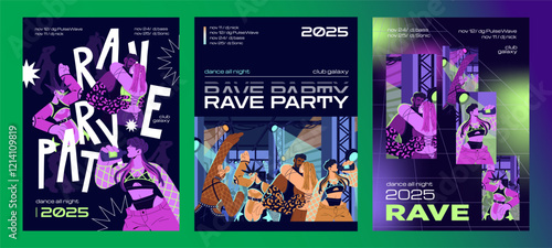 Designs of techno rave party event posters set. Templates of stylish disco in trendy night club promotion. Modern public nightlife in fashion nightclub with electronic music. Flat vector illustrations