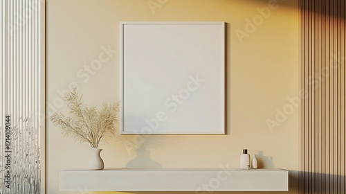A tranquil and stylish setup with a blank white frame on a soft gradient beige, yellow, wall, accented by a minimalistic credenza.