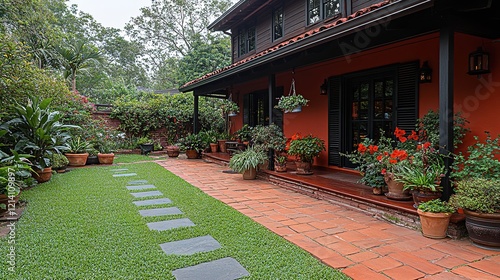 Lush Garden Path Leading to a Beautiful Red House photo