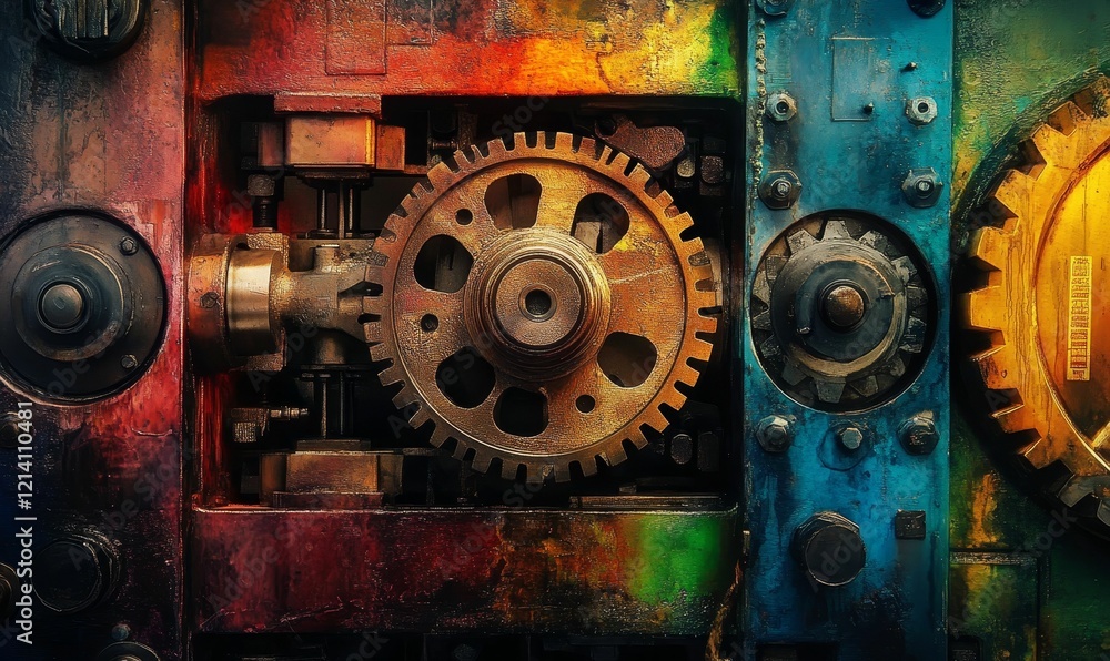 Colorful machine gears and bolts in close view. Colorful machine gears and bolts in close view.