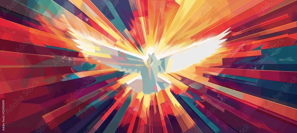 An abstract vector illustration of the Holy Spirit with a dove in the center, surrounded by light and glowing background.
An abstract vector illustration of the Holy Spirit with a dove in the center, surrounded by light and glowing background.