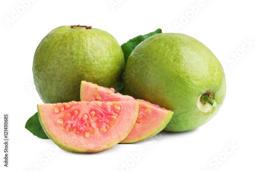 Fresh whole and cut guava fruits isolated on white photo